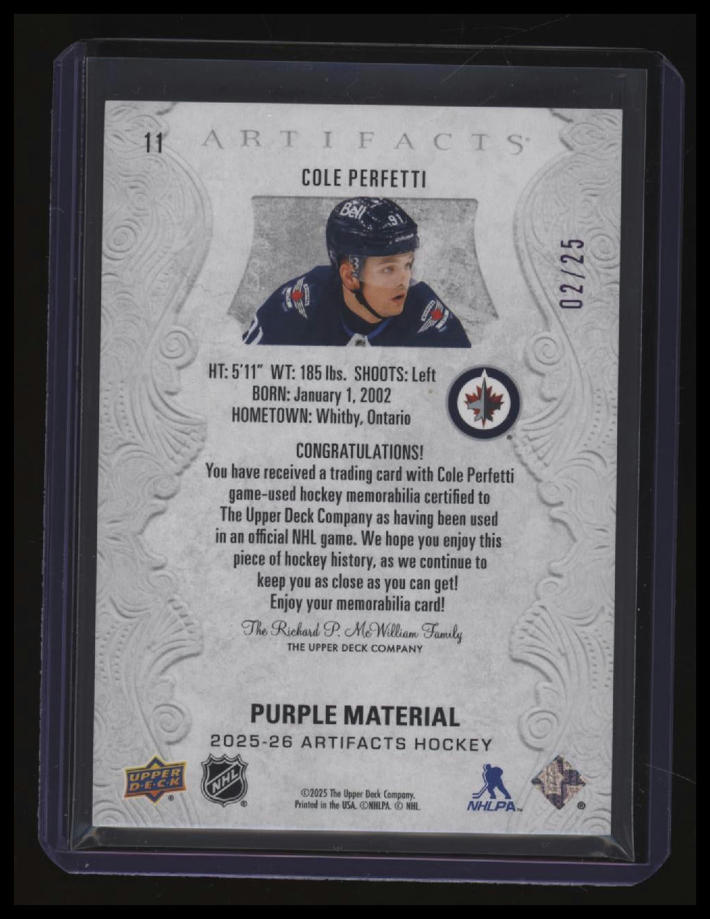 2025-26 Upper Deck Artifacts Cole Perfetti Material Purple #/25
