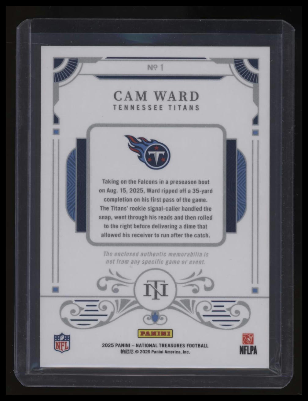2025 Panini National Treasures Cam Ward Rookie Dual Materials #/99