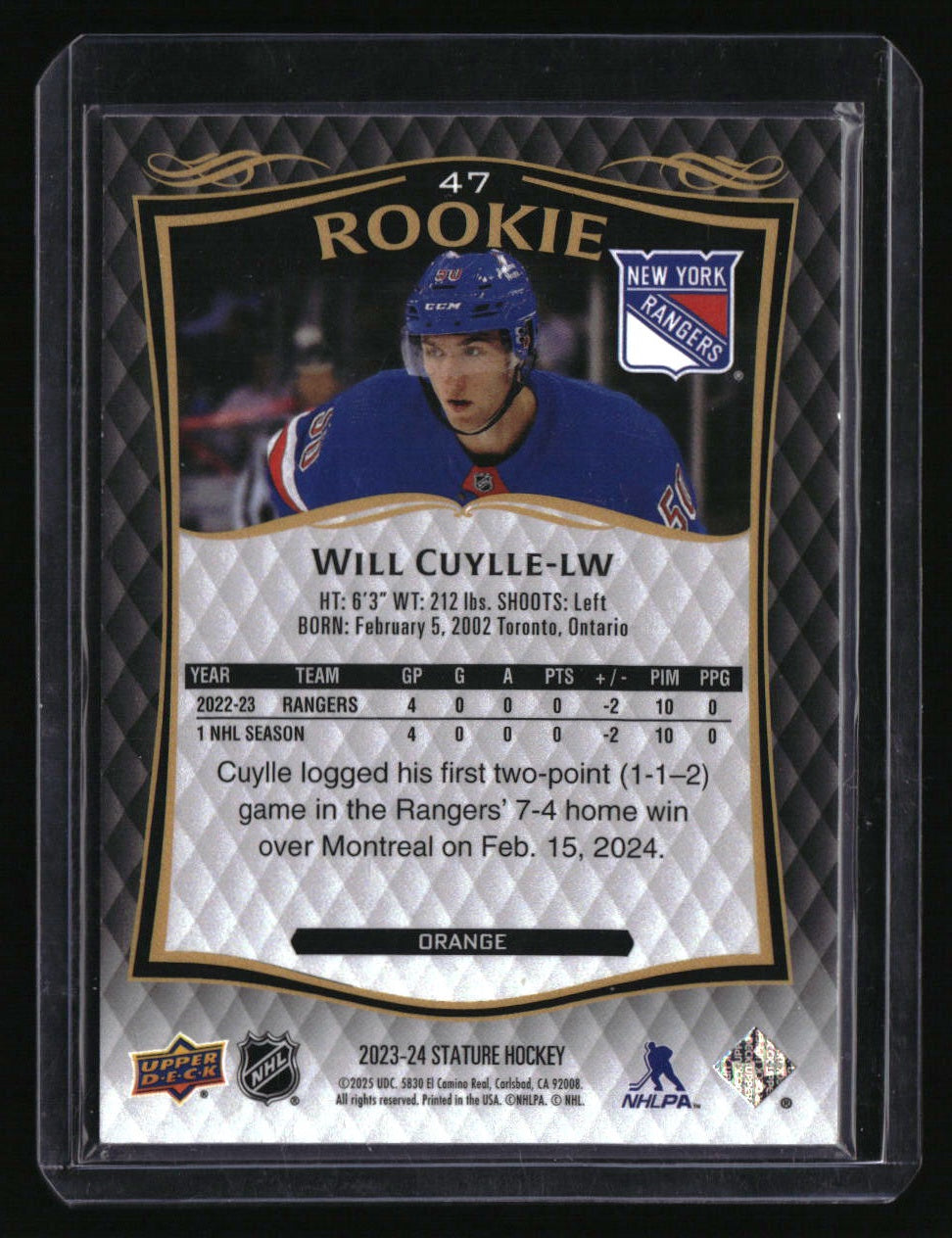 2024-25 Upper Deck Stature Will Cuylle 2023-24 Update - Orange #/199