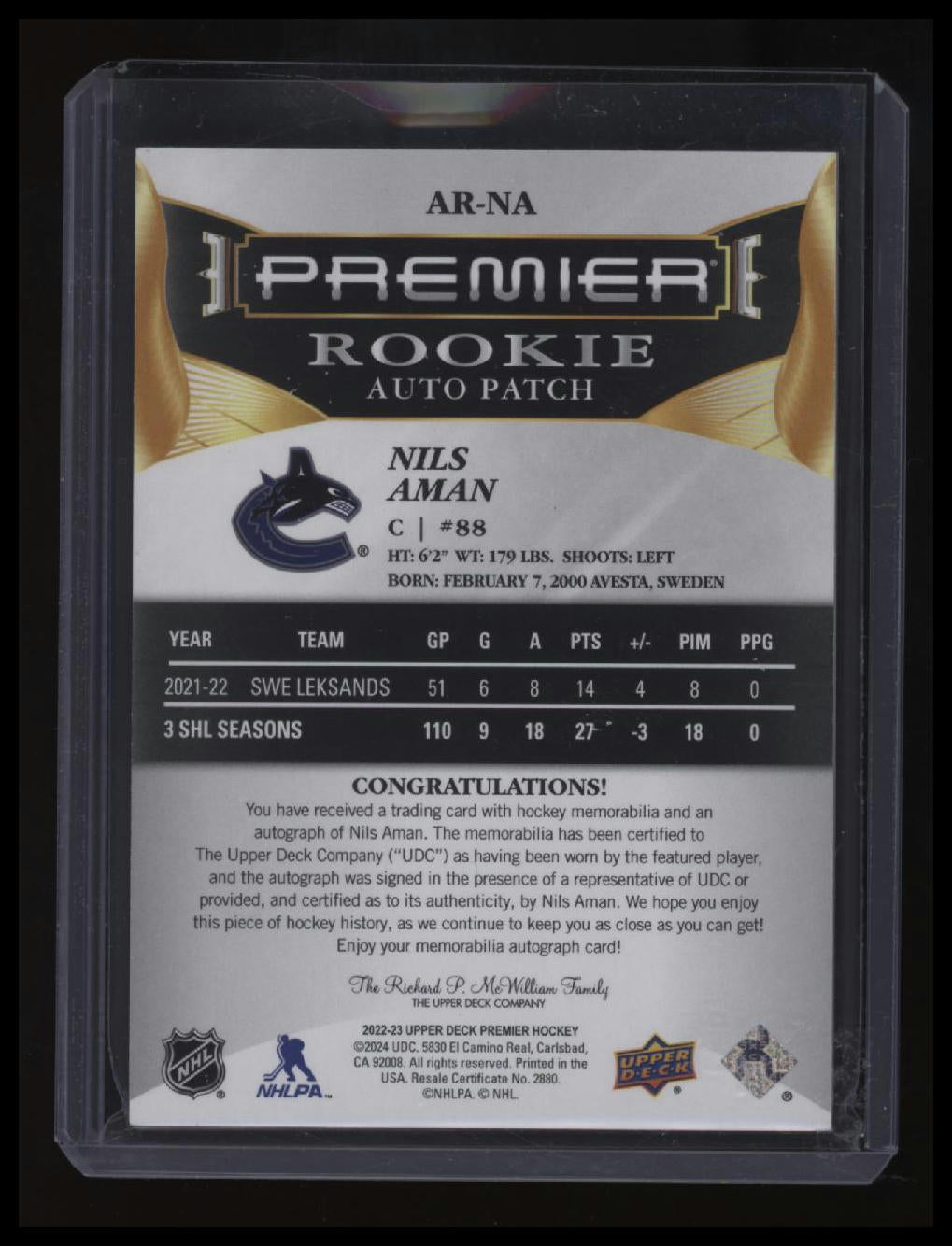 2022-23 Upper Deck Premier Nils Aman Acetate Rookie Auto Patch #/249