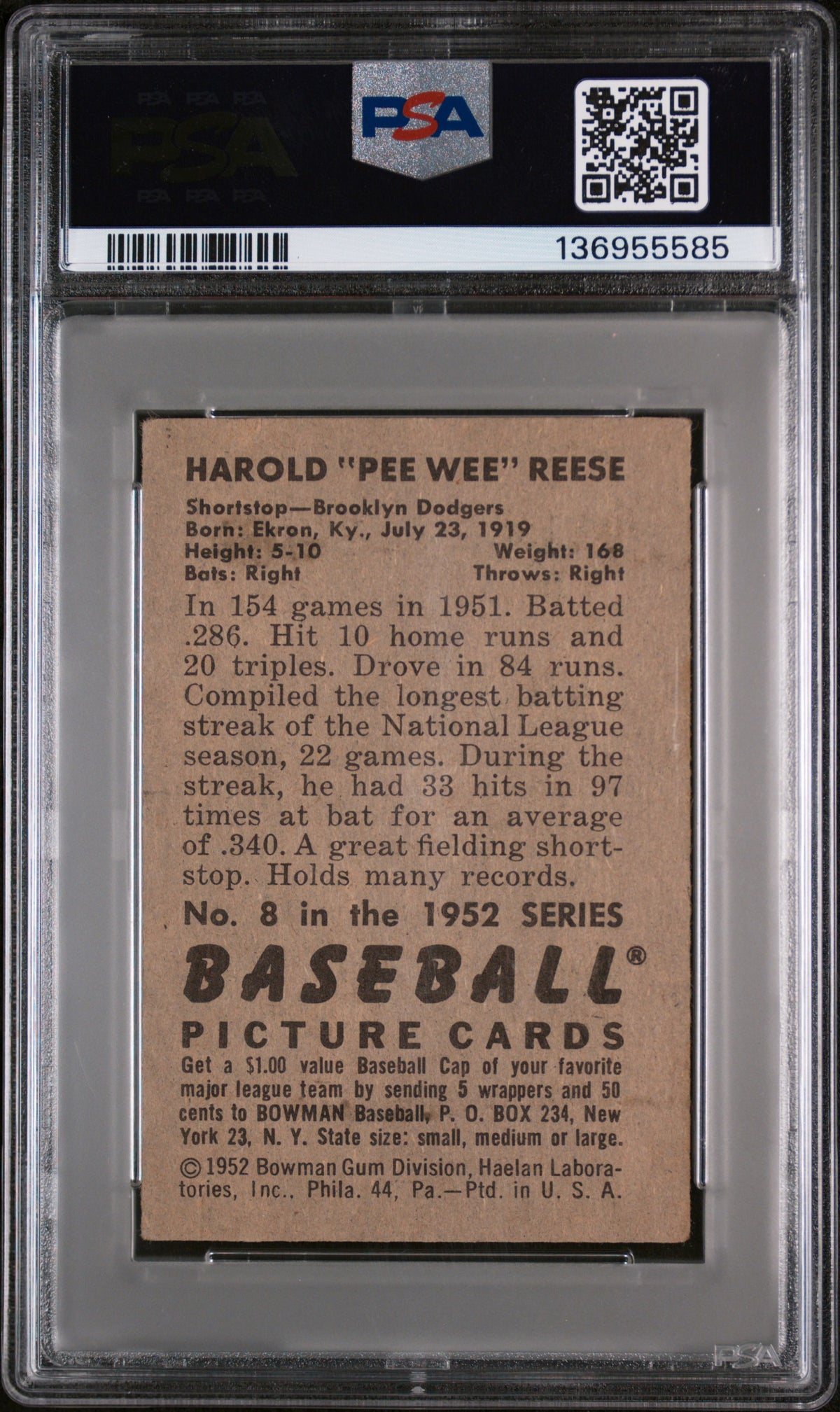 1952 Bowman Pee Wee Reese PSA 4