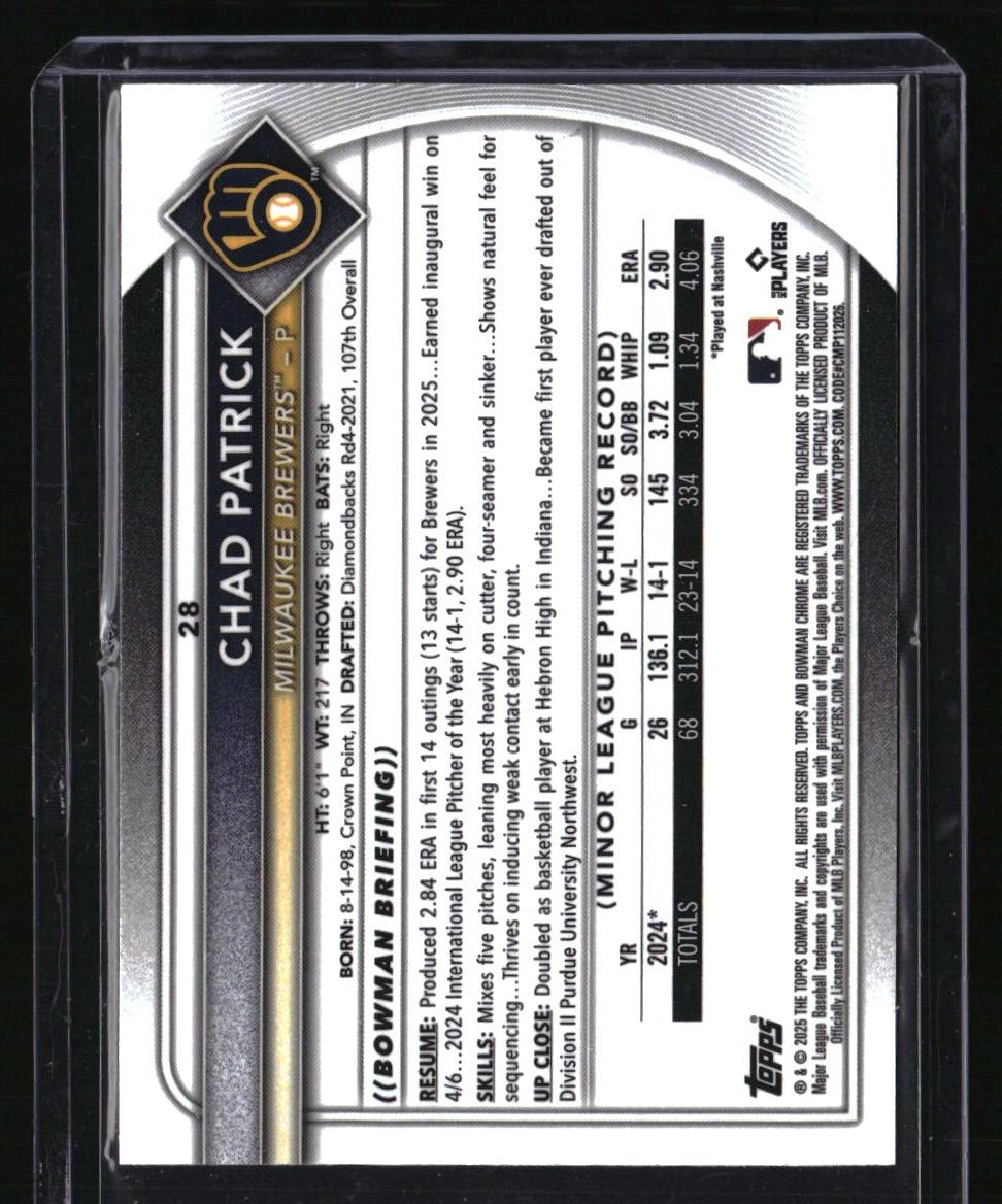 2025 Bowman Chrome Sapphire Edition Chad Patrick Yellow Sapphire #/75