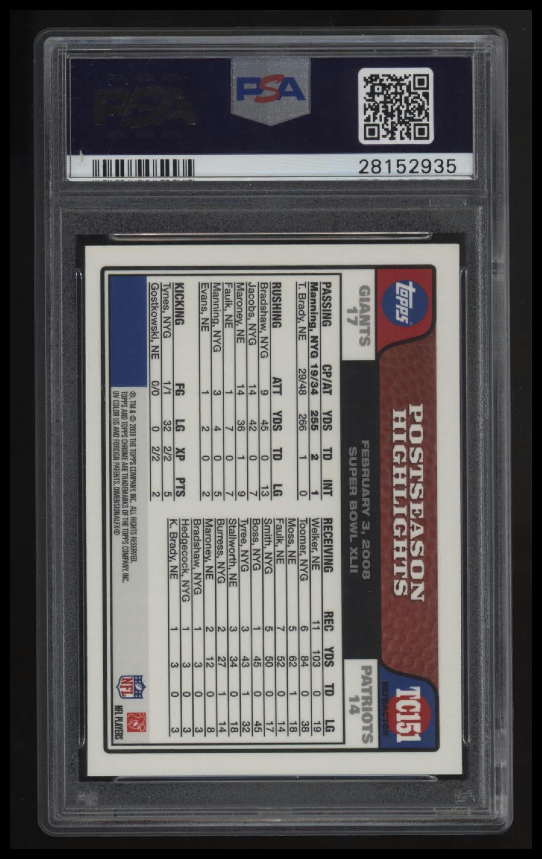 2008 Topps Chrome Eli Manning Blue Refractor PSA 10