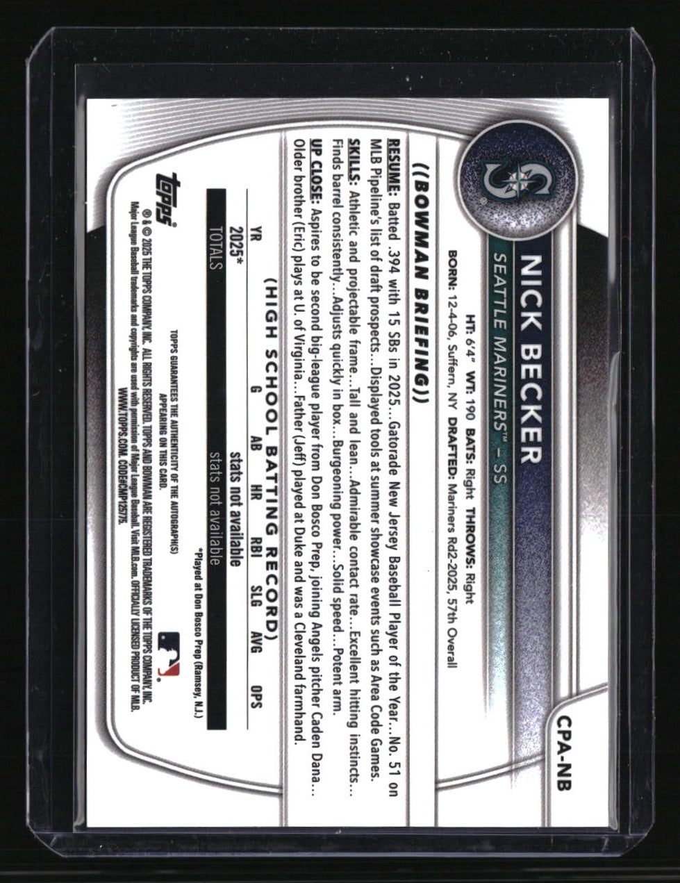 2025 Bowman Draft Nick Becker Chrome Prospect Autographs HTA Choice Mojo #/150