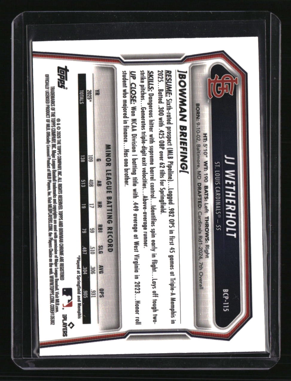 2026 Bowman JJ Wetherholt Chrome Prospects Purple Raywave Refractor #/250