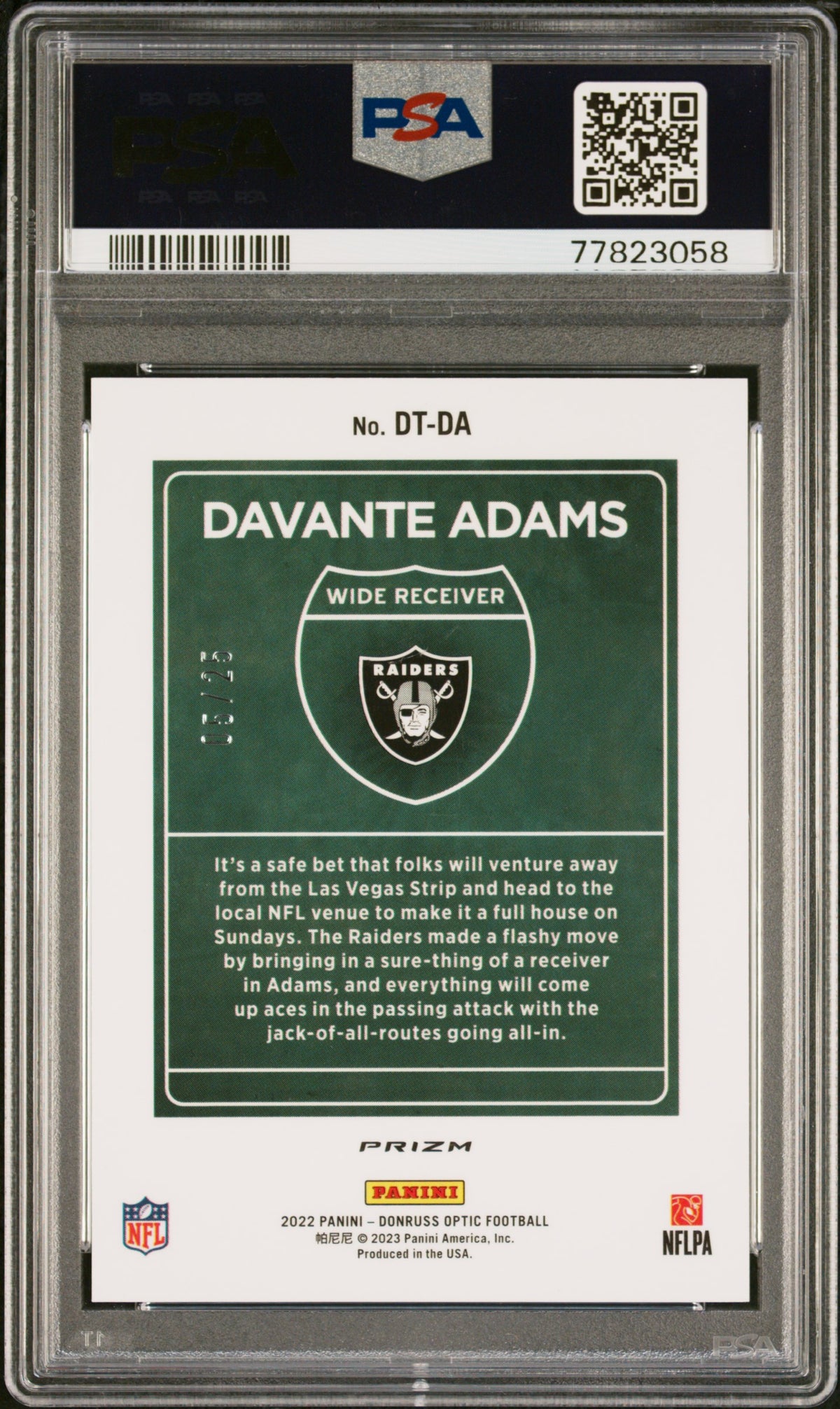 2022 Panini Donruss Optic Downtown #DTDA Davante Adams Black Pandora /25 PSA 9