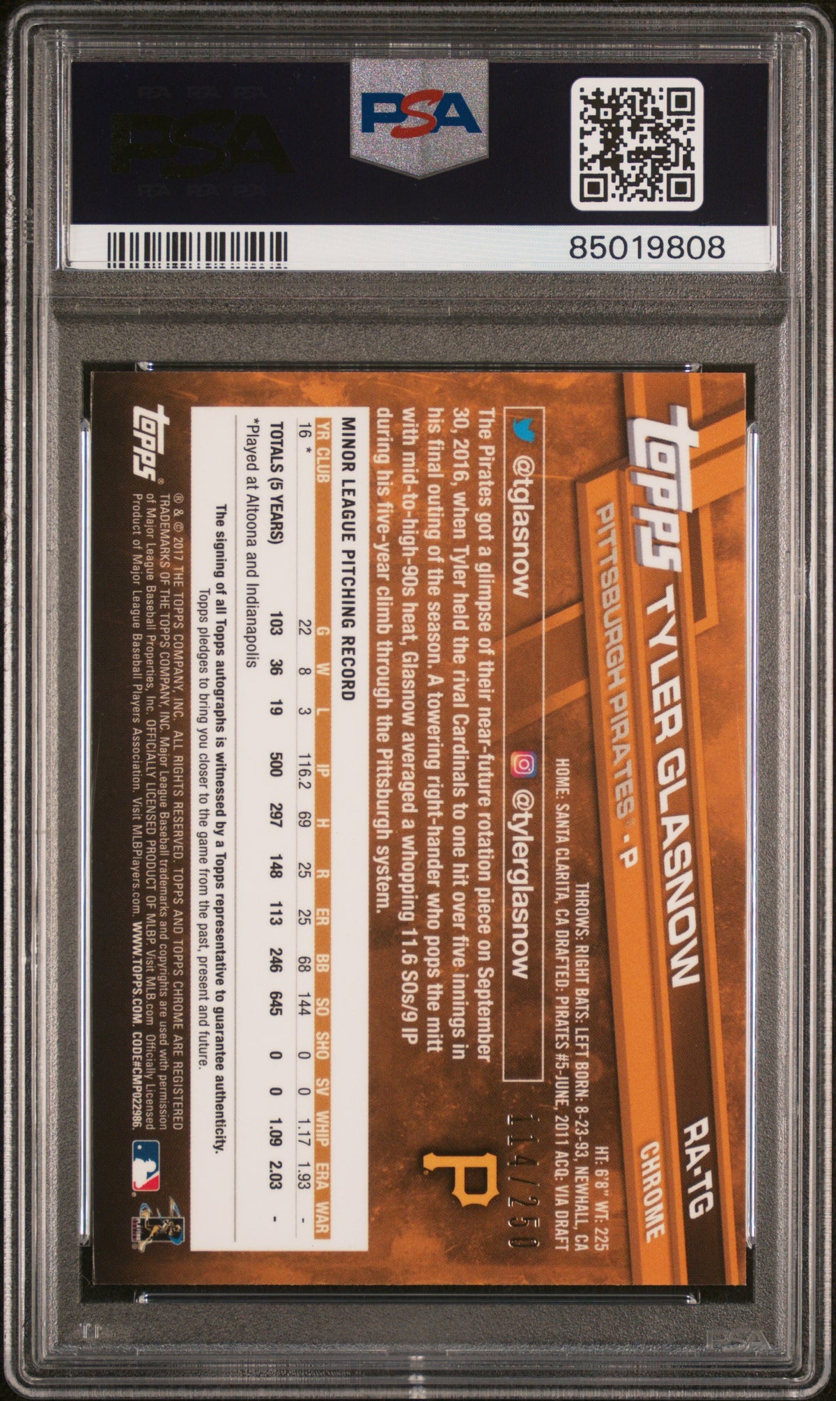 2017 Topps Chrome Rookie Autographs Tyler Glasnow Rookie Auto-Purple Ref. PSA 9