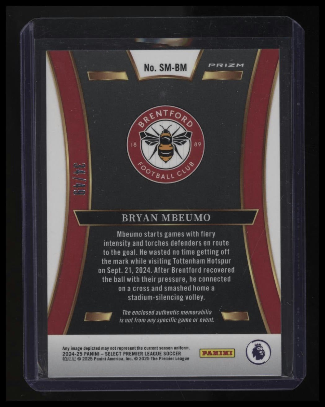 2024-25 Panini Select Premier League Bryan Mbeumo Select Memorabilia Purple #/49