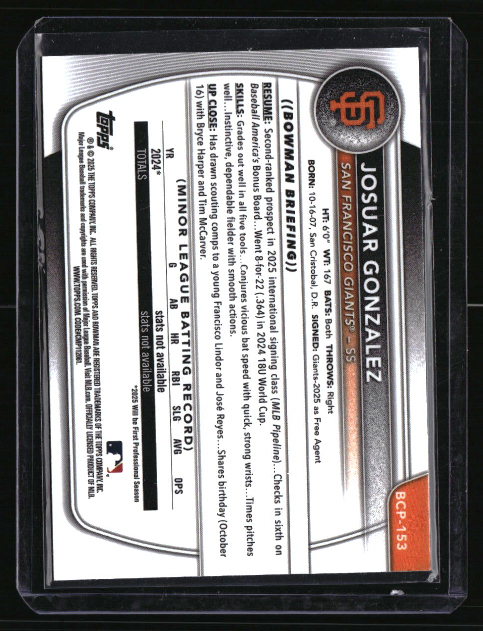 2025 Bowman Chrome Josuar Gonzalez Prospects Pulsar #/399