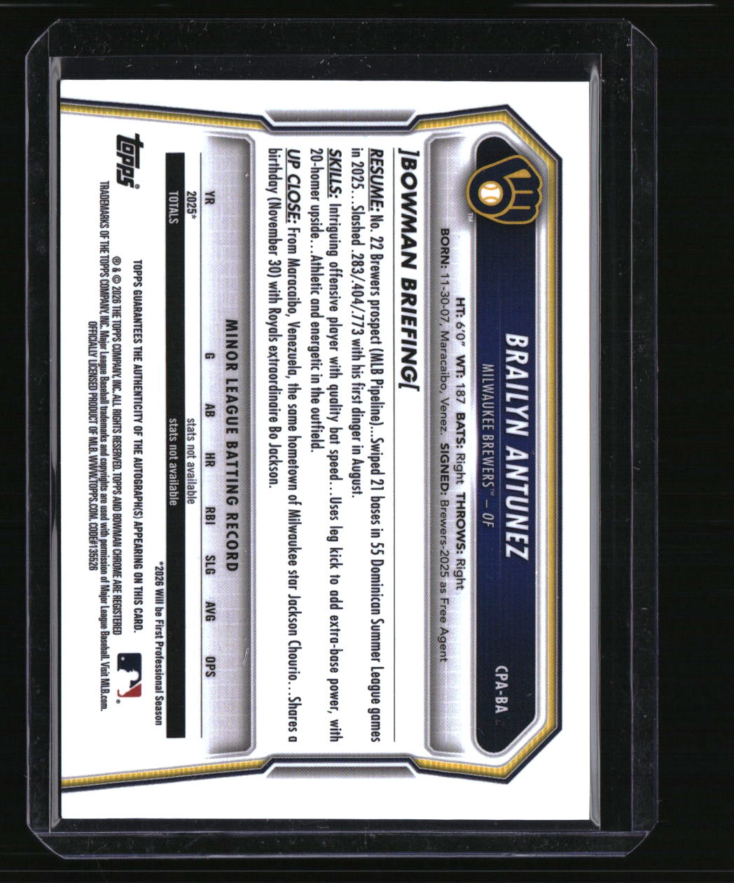 2026 Bowman Brailyn Antunez Chrome Prospect Autographs Yellow Refractors #/75