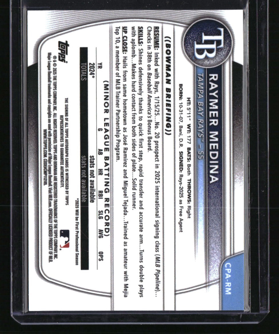 2025 Bowman Chrome Raymer Medina Prospect Autographs Mini-Diamond #/100