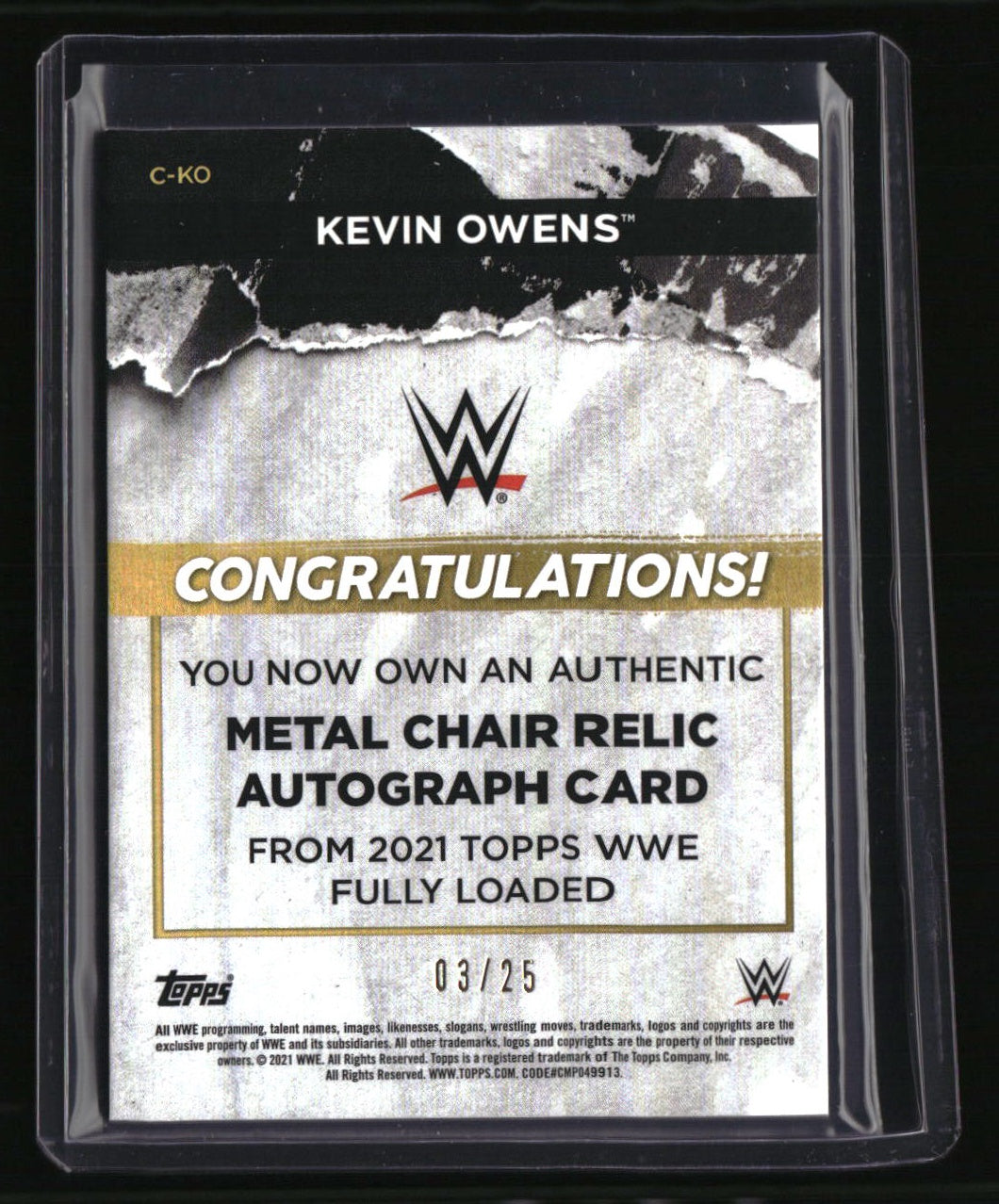 2021 Topps WWE Fully Loaded - Auto Metal Chair Relics Sapphire Kevin Owens #/25
