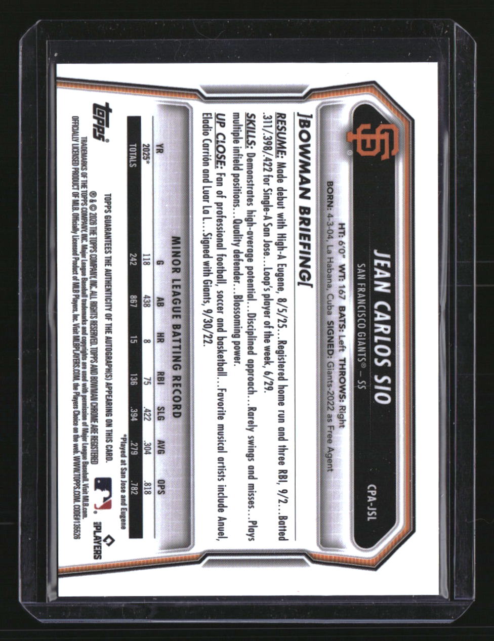 2026 Bowman Jean Carlos Sio Chrome Prospect Autographs Speckle Refractors #/299