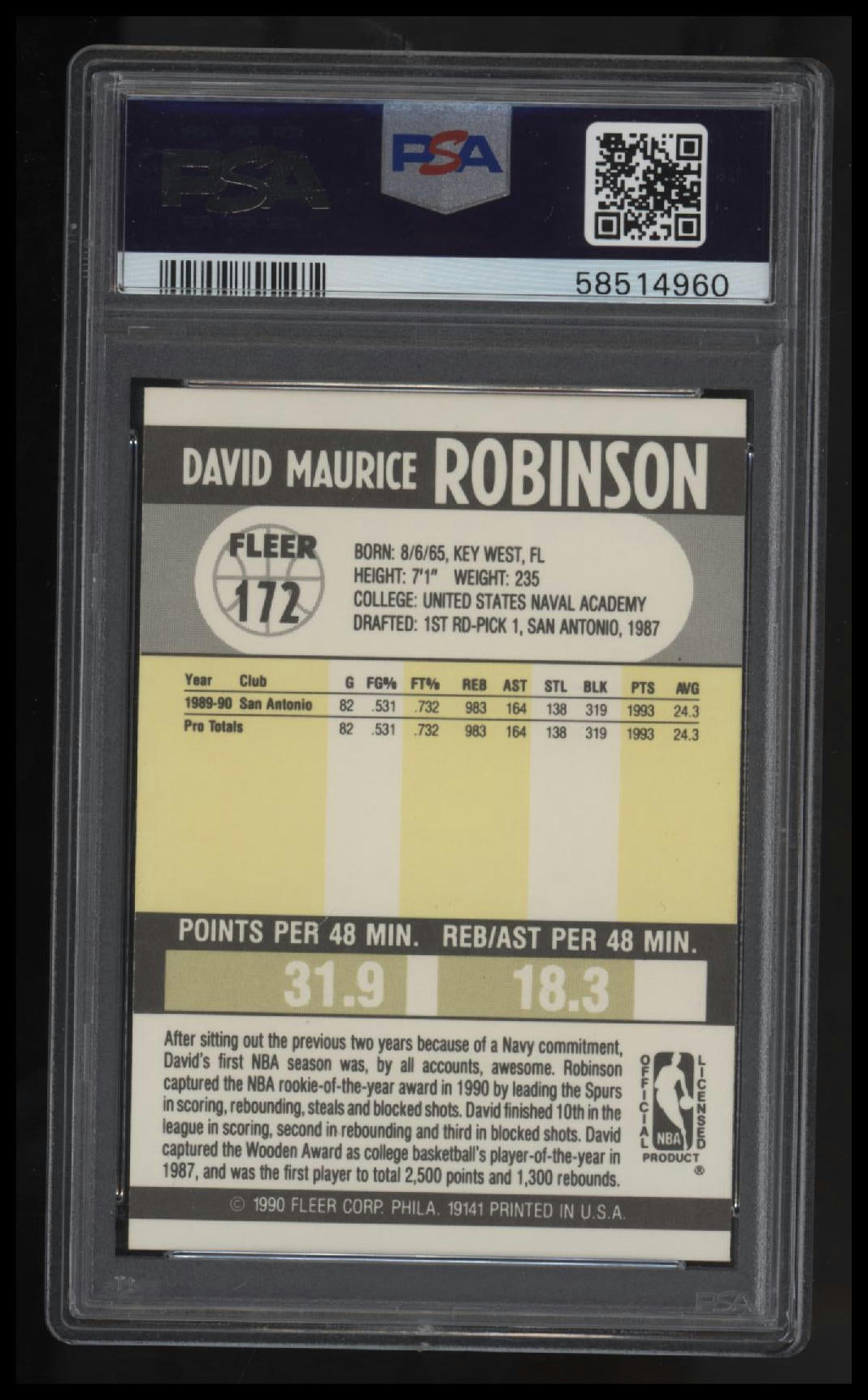 1990 Fleer David Robinson PSA 9