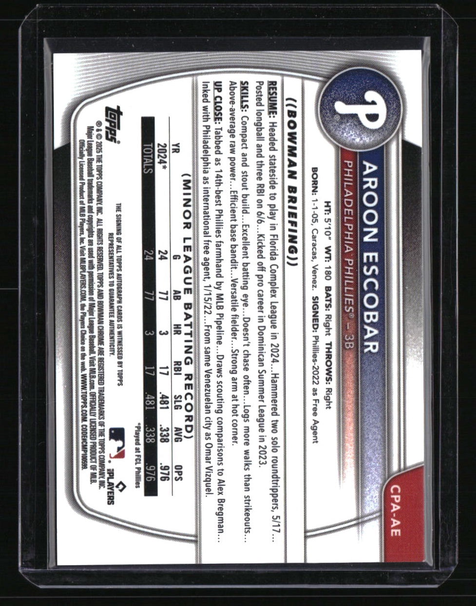 2025 Bowman Aroon Escobar Chrome Prospects Autographs