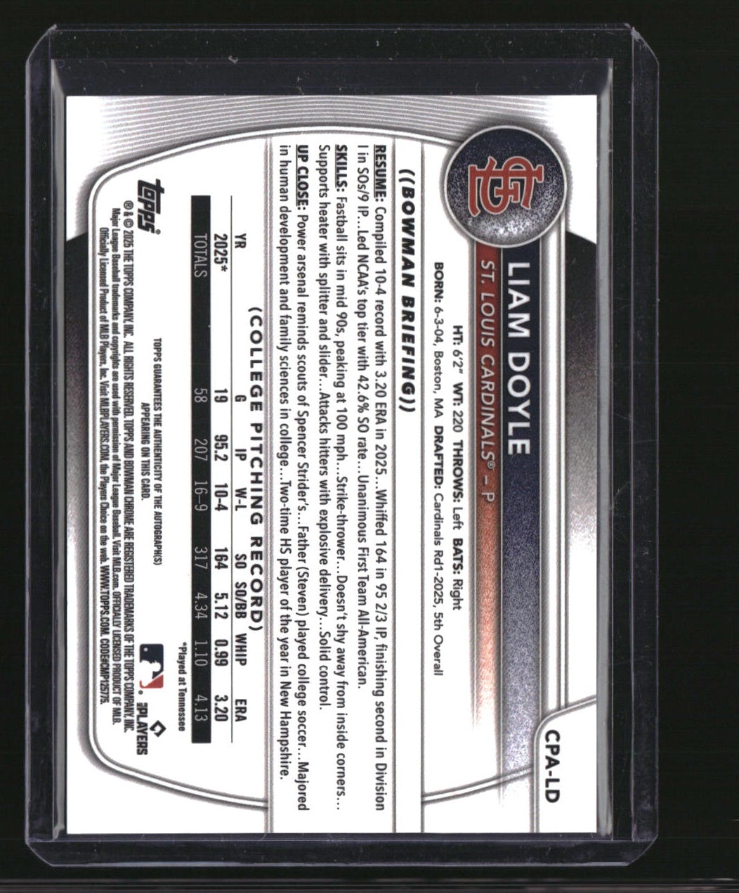 2025 Bowman Draft Liam Doyle Chrome Prospect Autographs