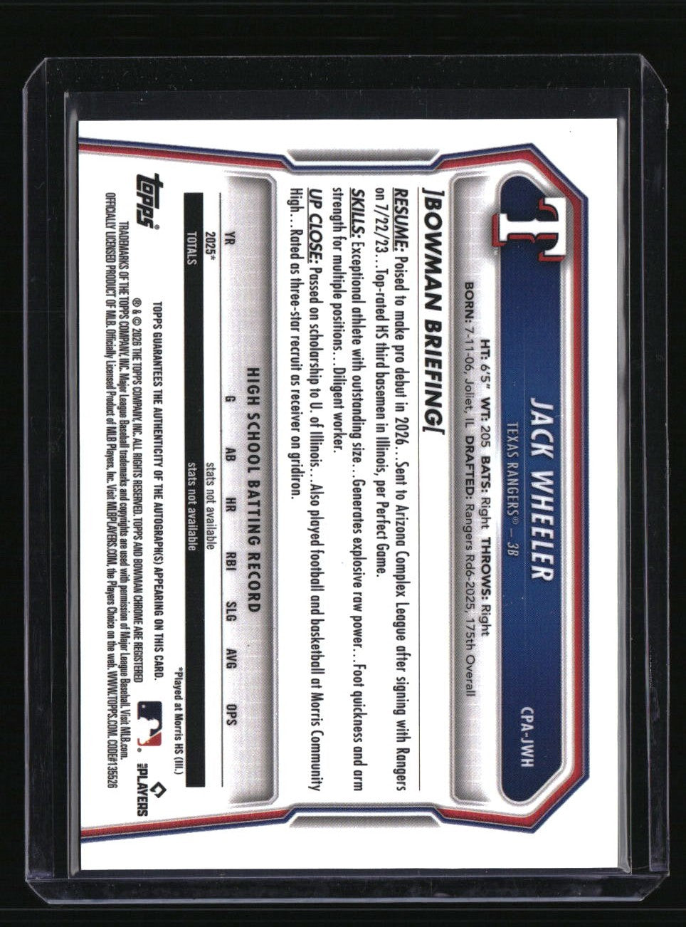2026 Bowman Jack Wheeler Chrome Prospect Autographs