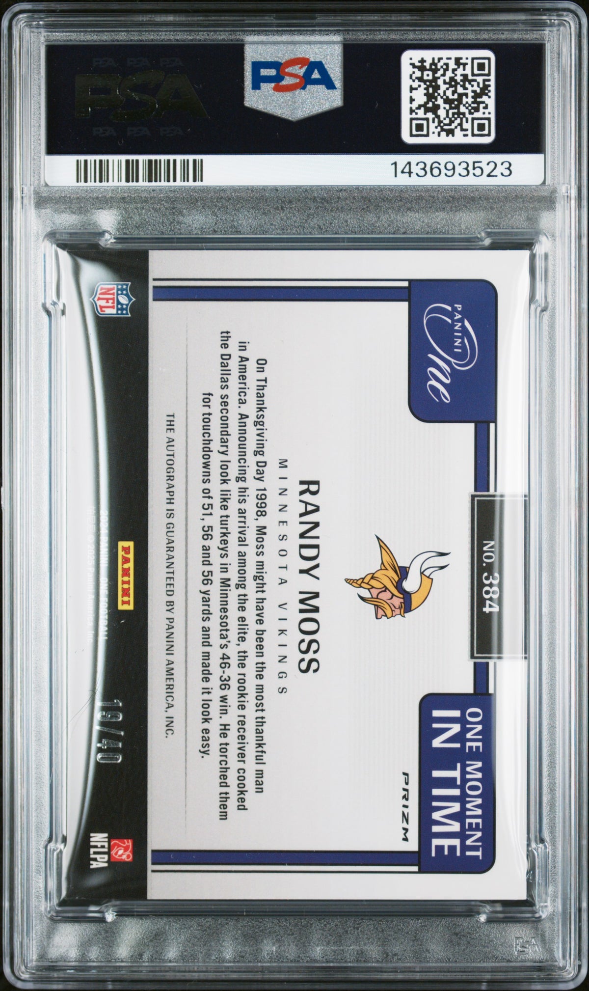 2024 Panini One Randy Moss One Mnt In Time Au-Green PSA 9