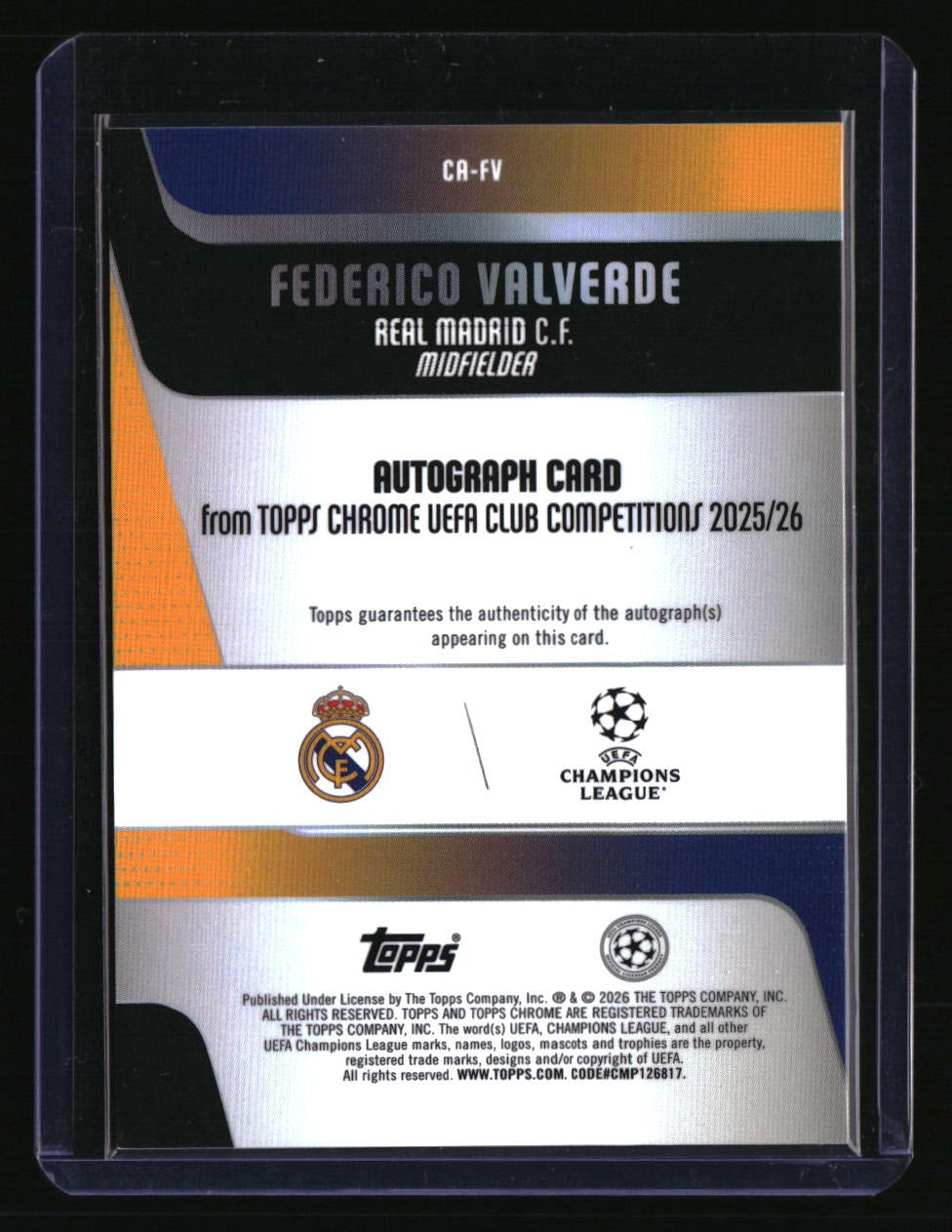 2020-21 Topps Chrome UEFA Champions League Federico Valverde Auto Aqua #/199