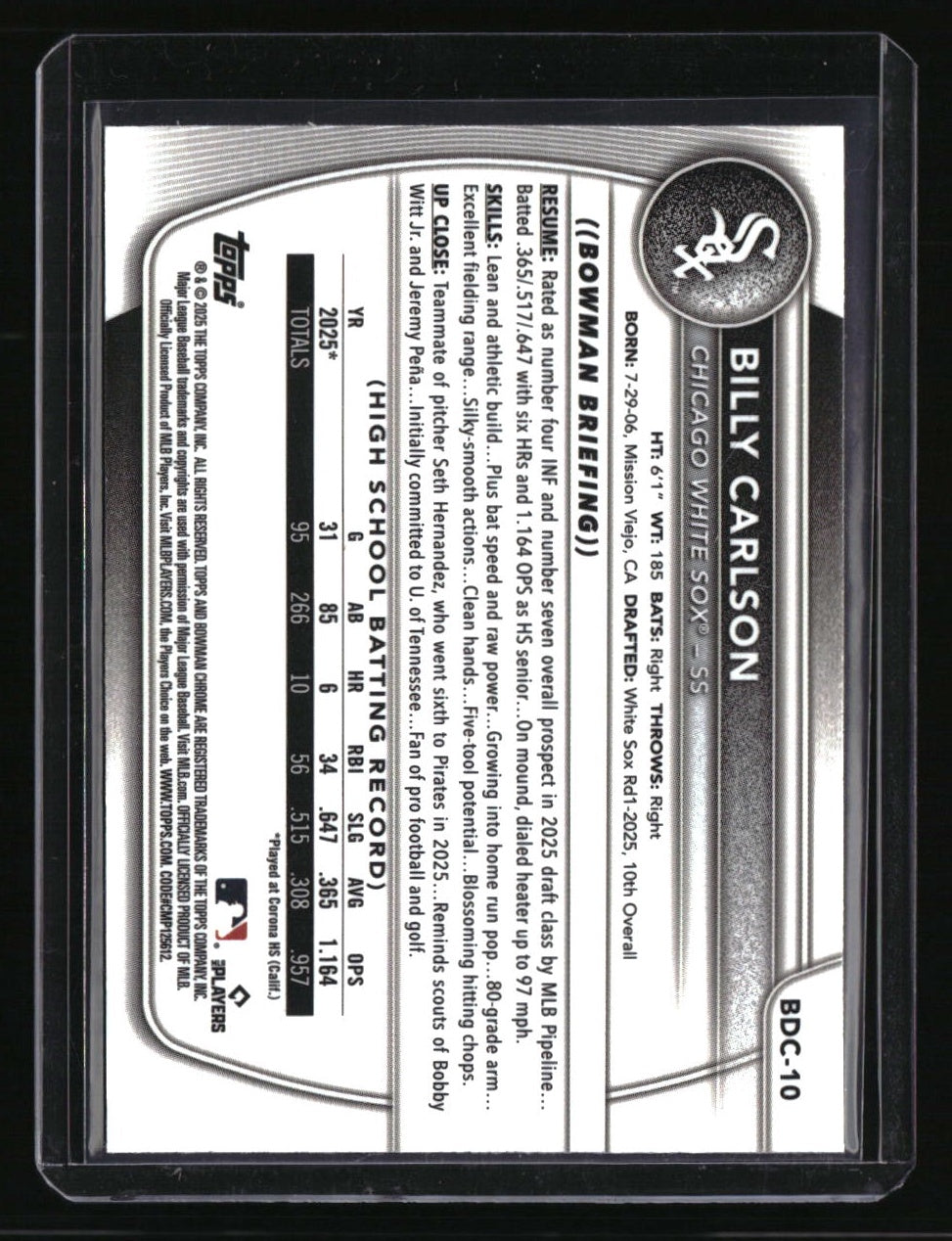 2025 Bowman Draft Billy Carlson Chrome Green Reptilian Refractor #/99