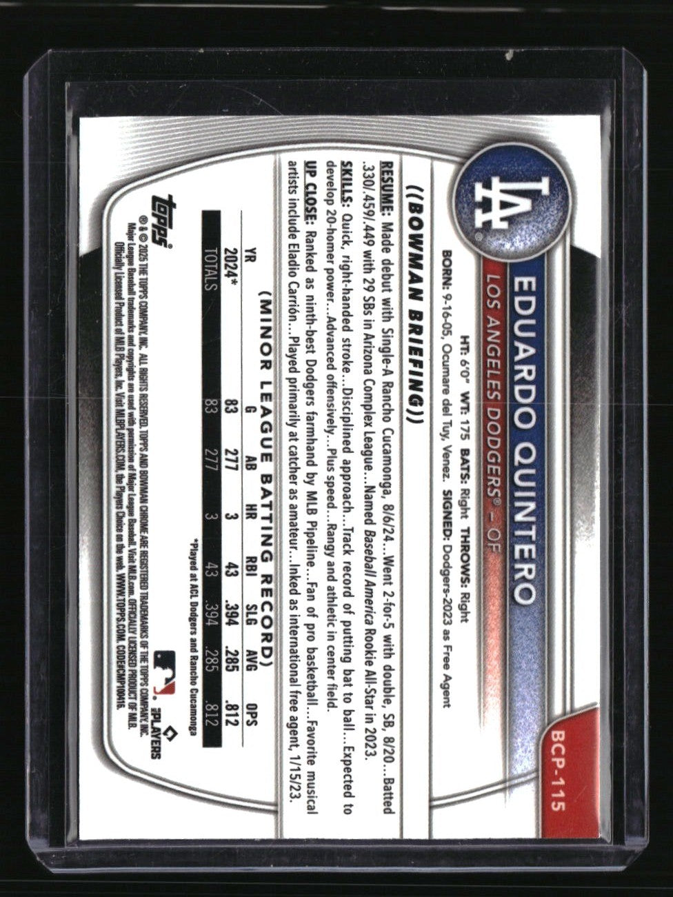 2025 Bowman Eduardo Quintero Chrome Prospects Blue Geometric Refractor #/150