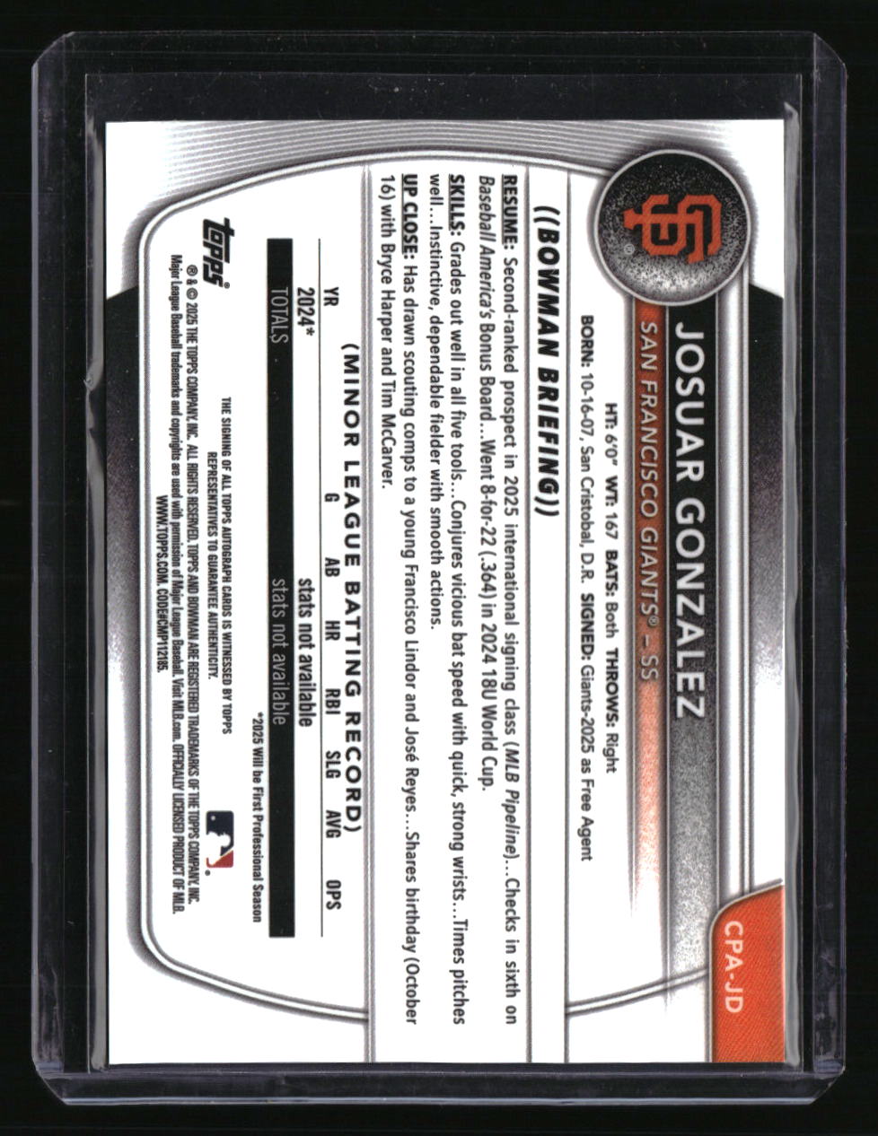 2025 Bowman Chrome Josuar Gonzalez Prospect Autographs
