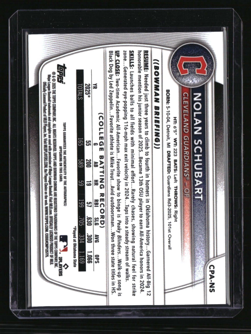 2025 Bowman Draft Nolan Schubart Chrome Prospect Autographs Blue Wave #/150