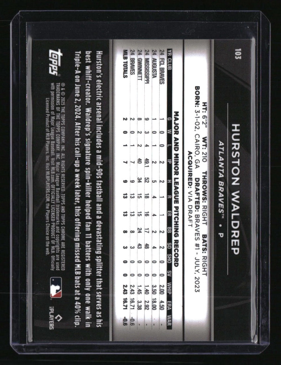 2025 Topps Chrome Black Hurston Waldrep Purple Refractors #/75