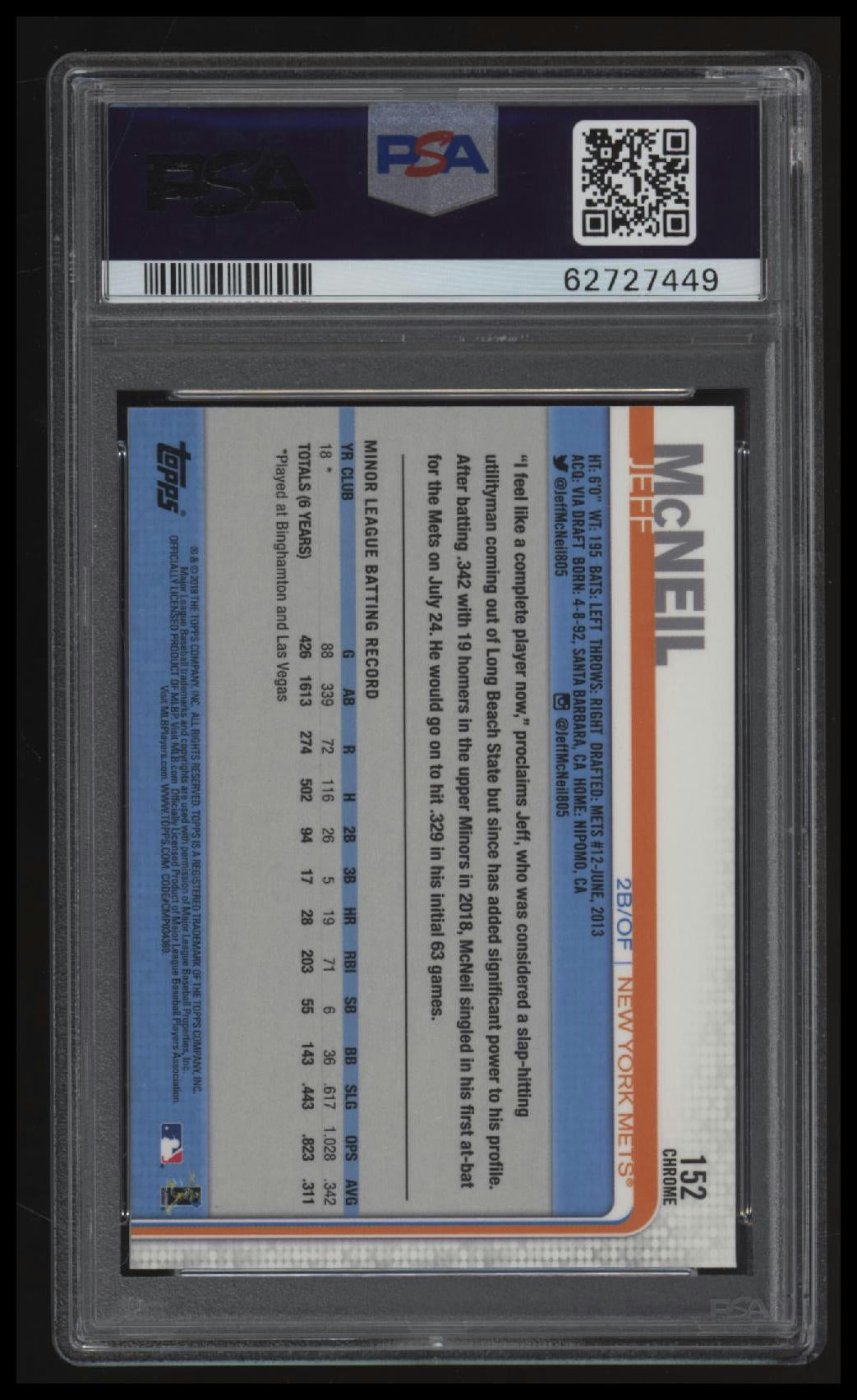2019 Topps Chrome Jeff Mcneil PSA 10
