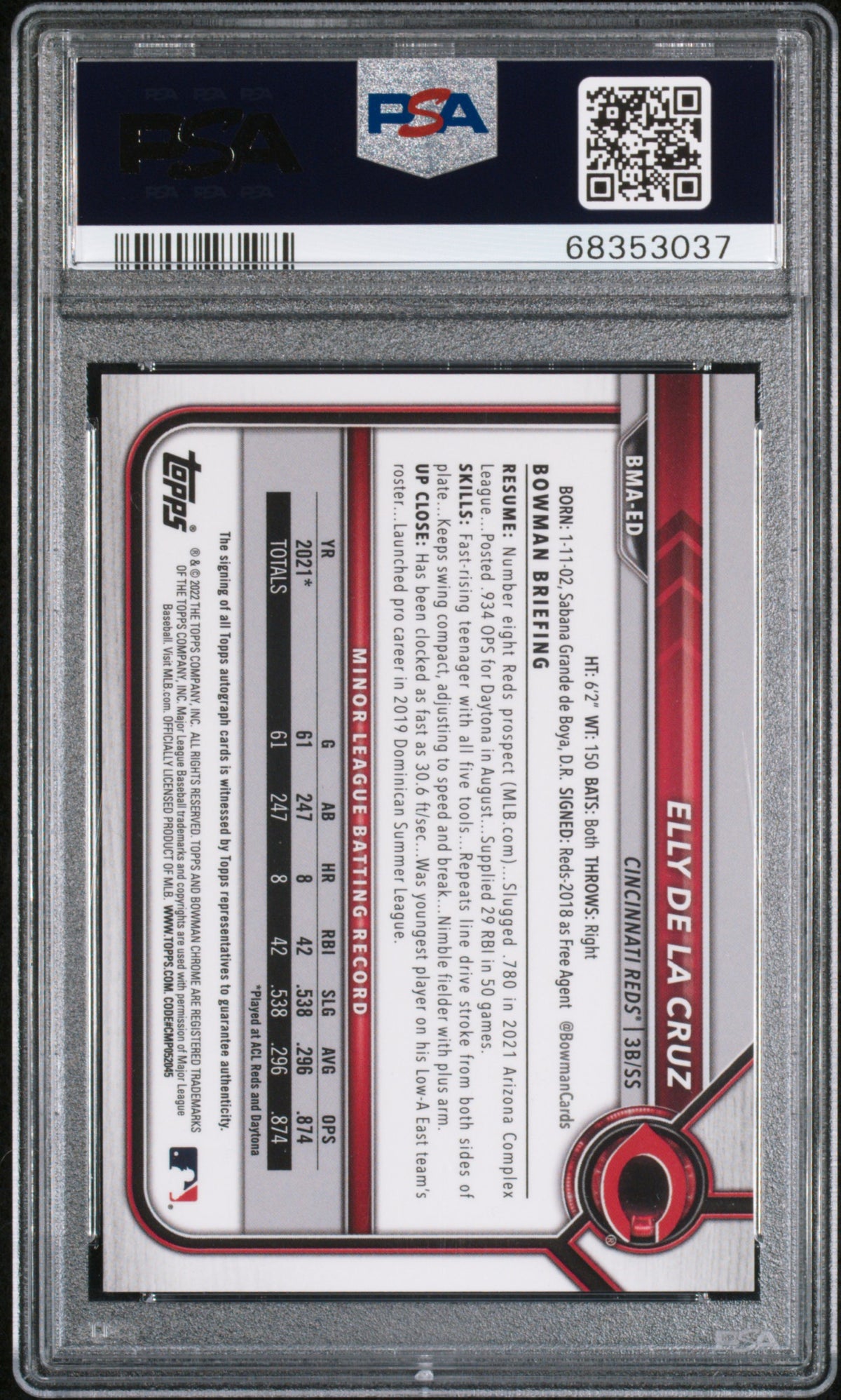 2022 Bowman Mega Box Chrome Autographs Elly De La Cruz Chrome Autograph PSA 10