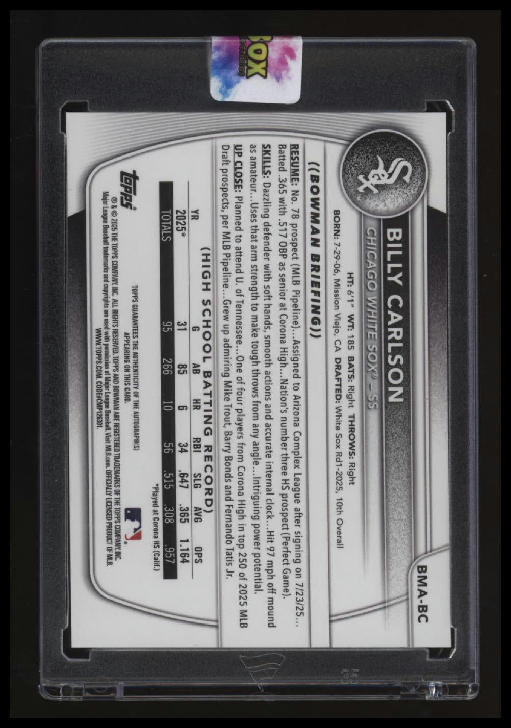 2025 Bowman Draft Billy Carlson Chrome Prospect Autographs Orange Mojo #/25