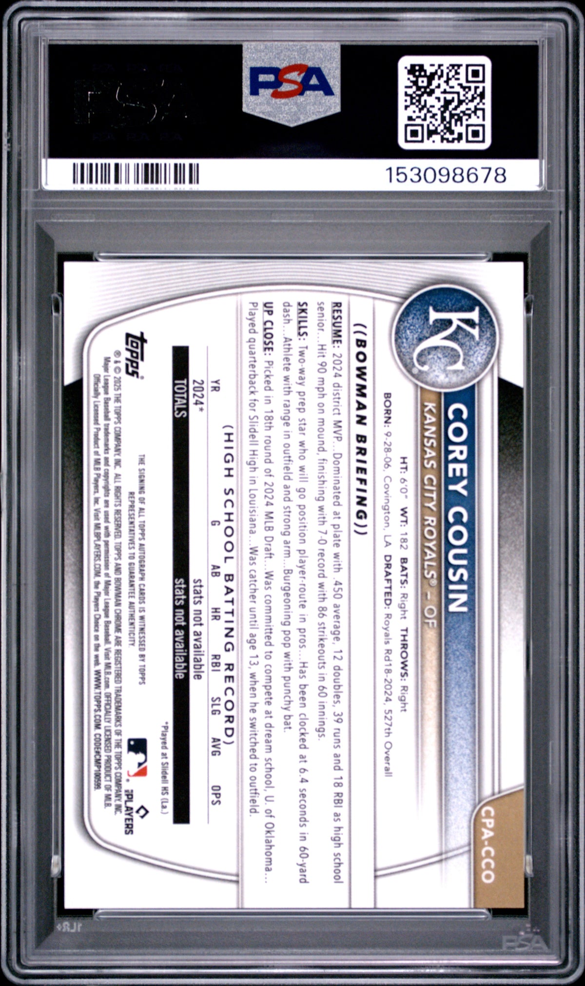 2025 Bowman Chrome Prospect Autographs Corey Cousin Green Reptilian PSA 9