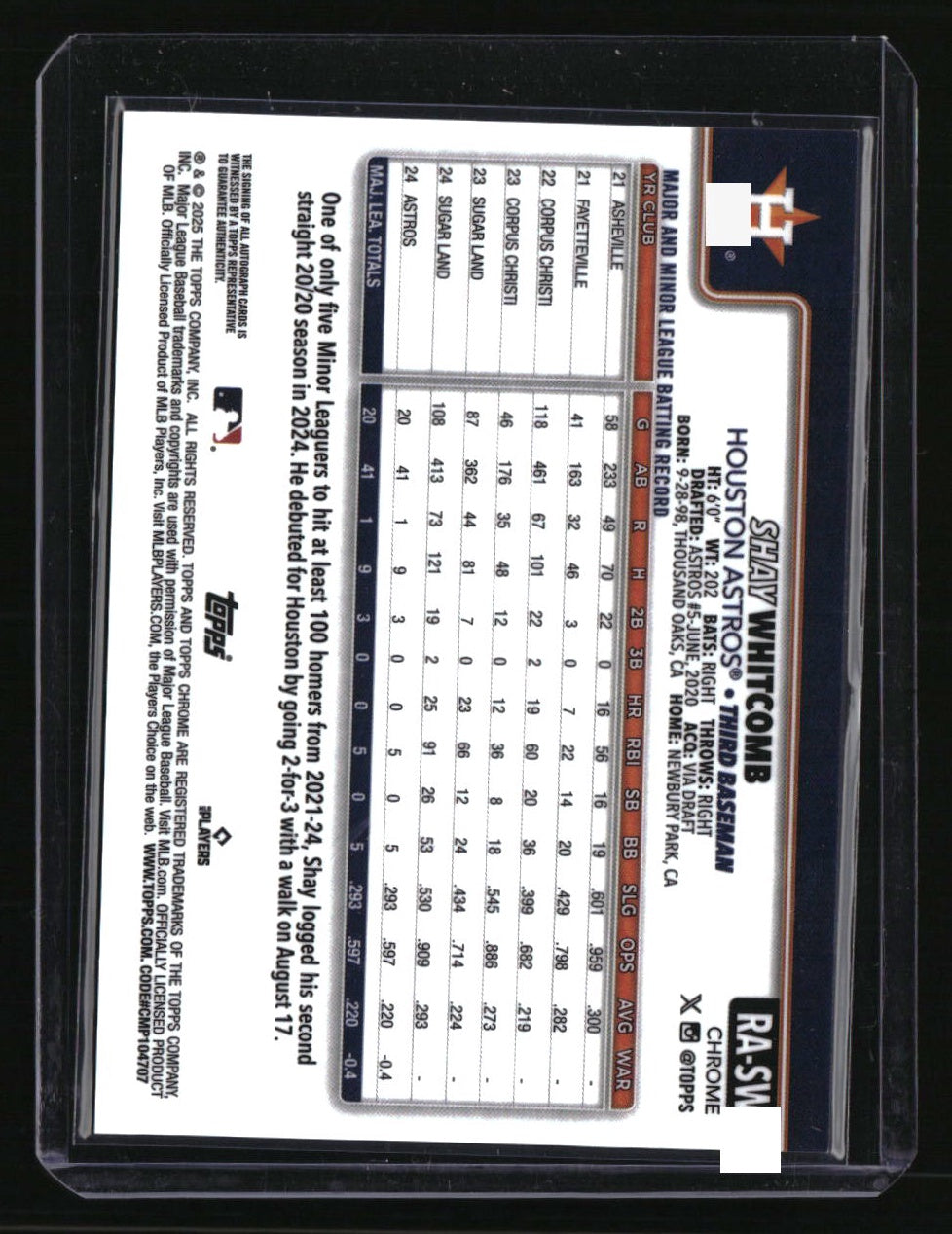 2025 Topps Chrome Shay Whitcomb Rookie Autographs B&W Mini-Diamond Refractors