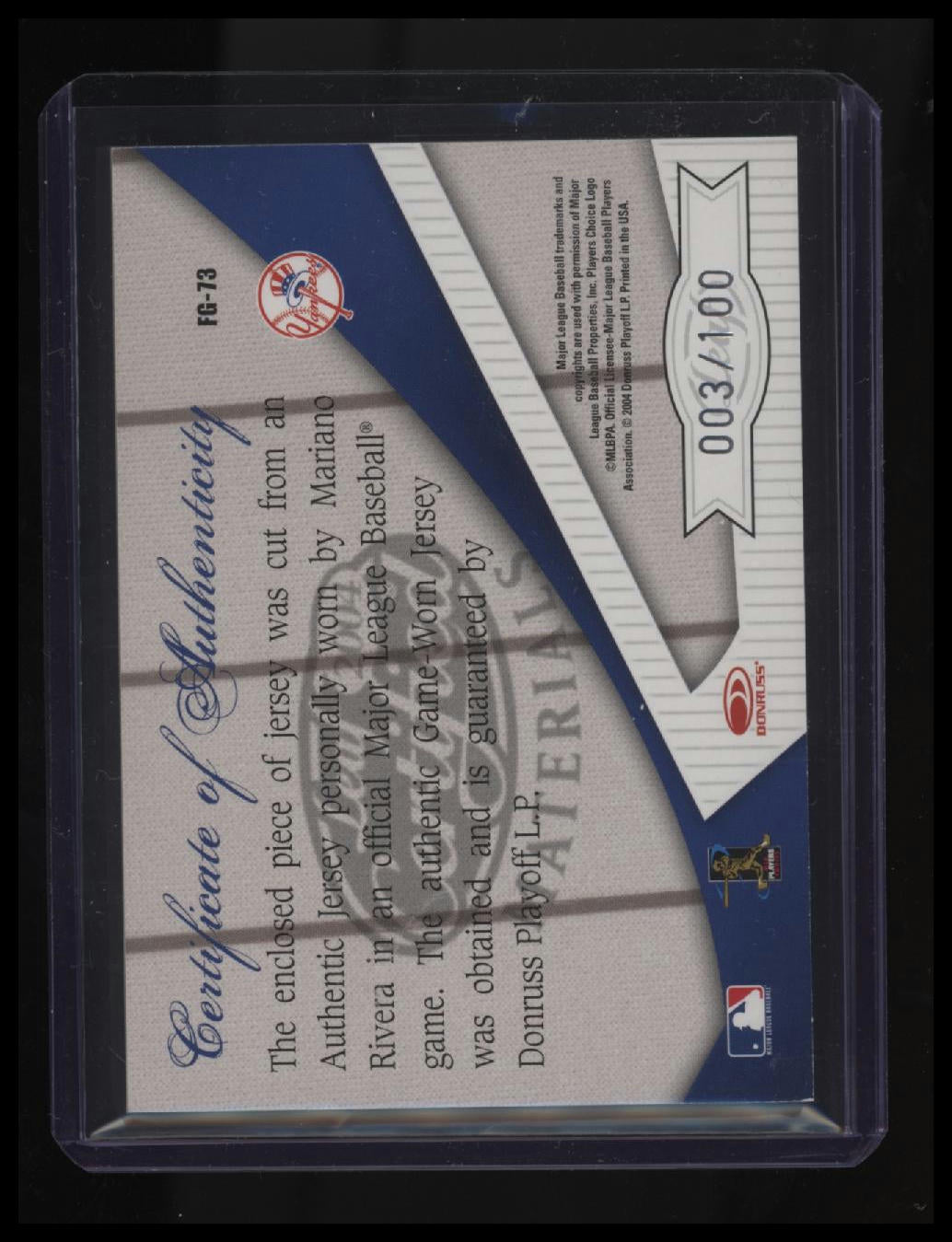 2004 Leaf Certified Materials Mariano Rivera Fabric of the Game #/100