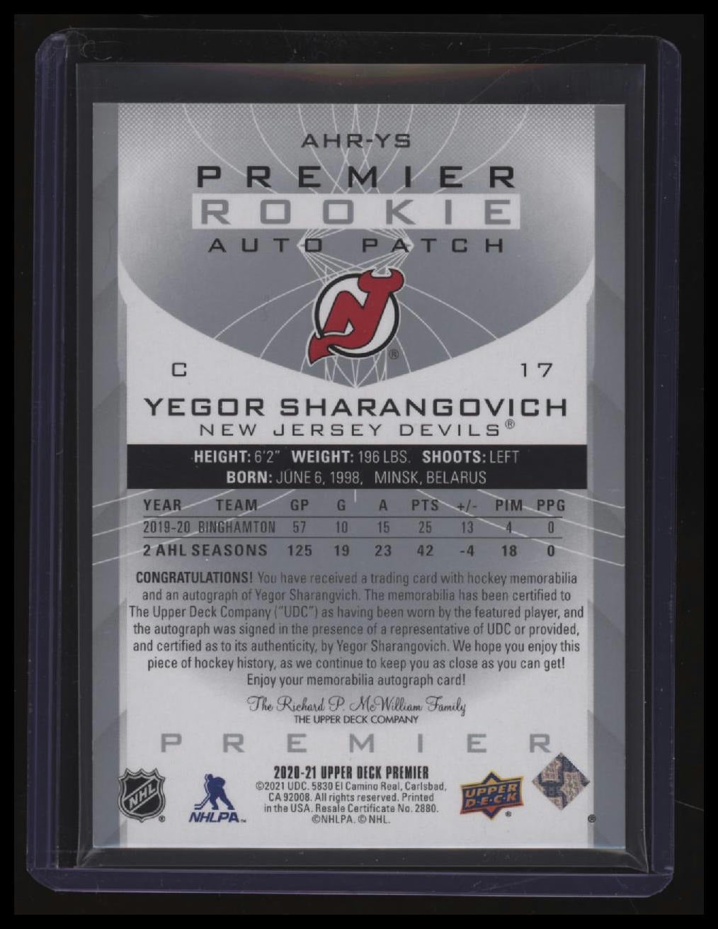 2020-21 Upper Deck Premier Yegor Sharangovich Acetate Rookie Auto Patch #/99
