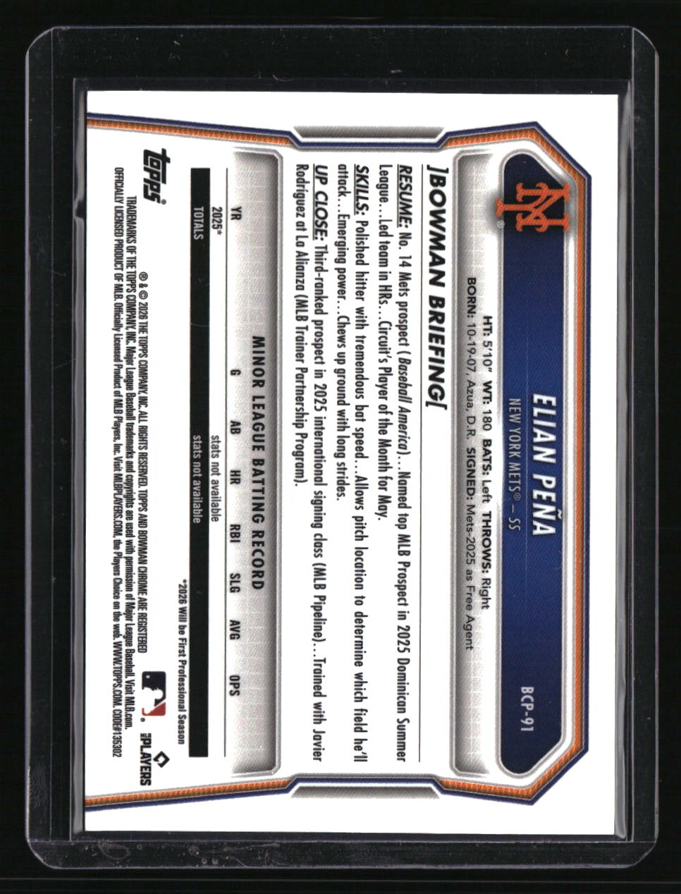 2026 Bowman Elian Peña Chrome Prospects Sapphire Yellow Refractor #/75