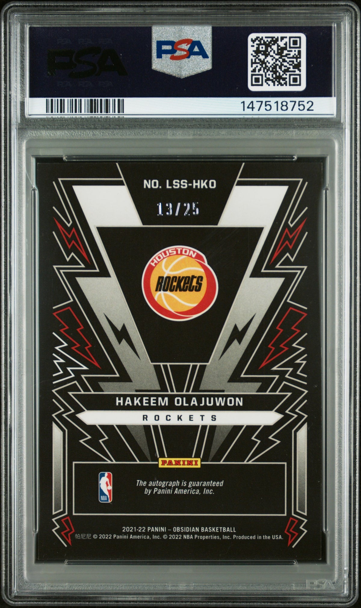 2021 Panini Obsidian Lightning Strike Signatures Hakeem Olajuwon Orange PSA 8