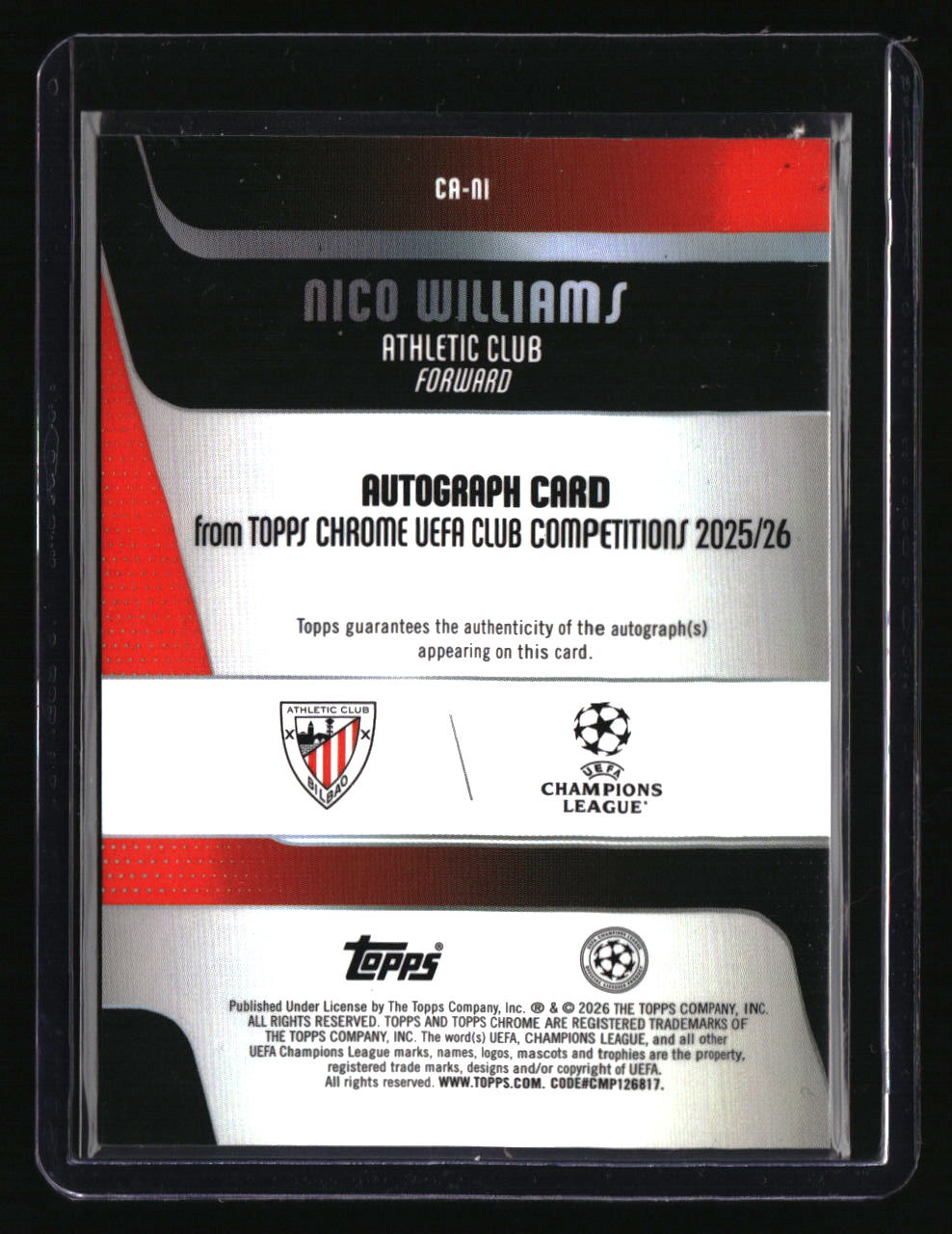 2025-26 Topps Chrome UEFA Club Competitions Nico Williams Chrome Autographs