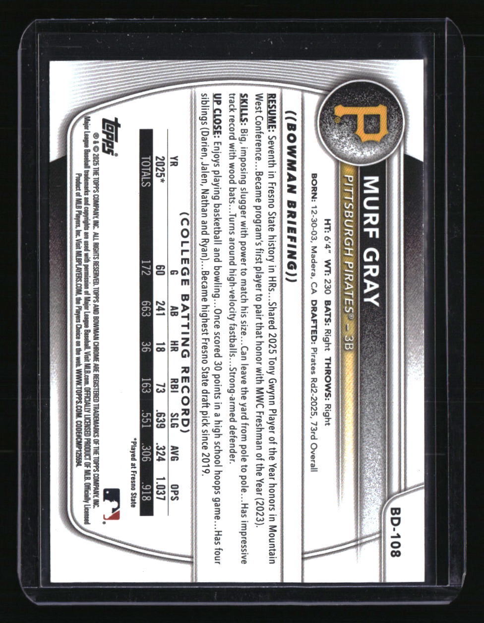 2025 Bowman Draft Murf Gray Orange Border #/25