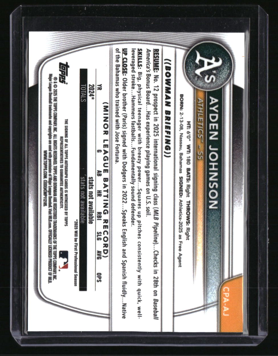 2025 Bowman Chrome Ayden Johnson Prospect Autographs Reptilian Green #/99