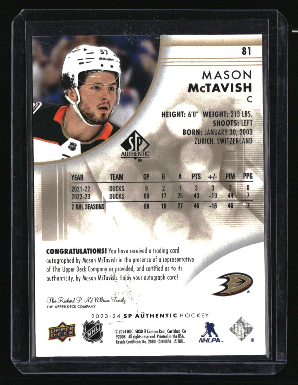 2024-25 SP Authentic Mason McTavish 2023-24 SP Authentic Update I: Limited Auto