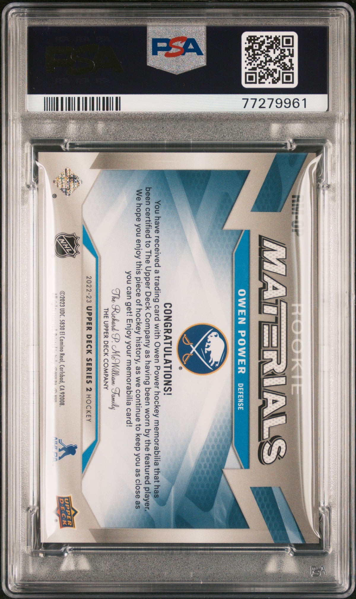 2022 Upper Deck Rookie Materials Owen Power Rookie Materials PSA 10