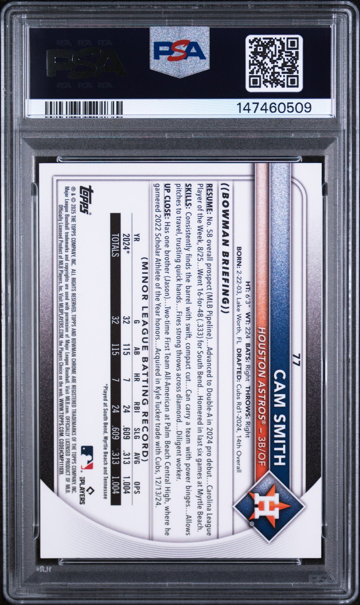 2025 Bowman Chrome Mega Box Cam Smith Gold Refractor PSA 10