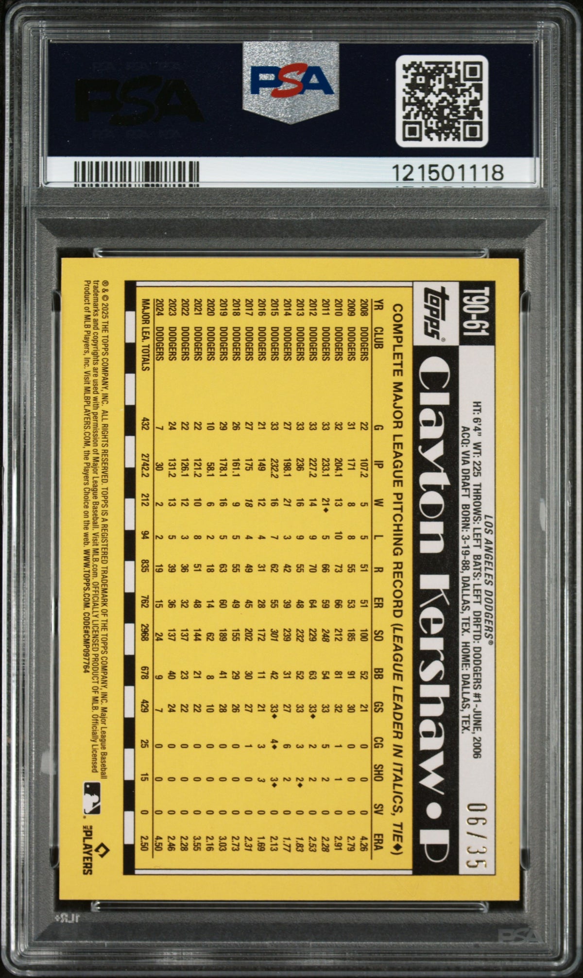 2025 Topps 1990 Topps Baseball Clayton Kershaw 1990 Topps-No Name PSA 9