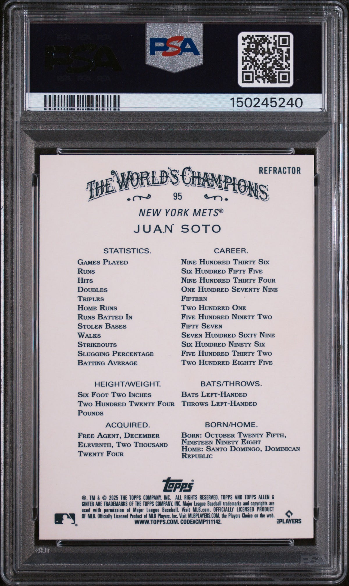 2025 Topps Allen & Ginter Juan Soto Chrome-Refractor PSA 9