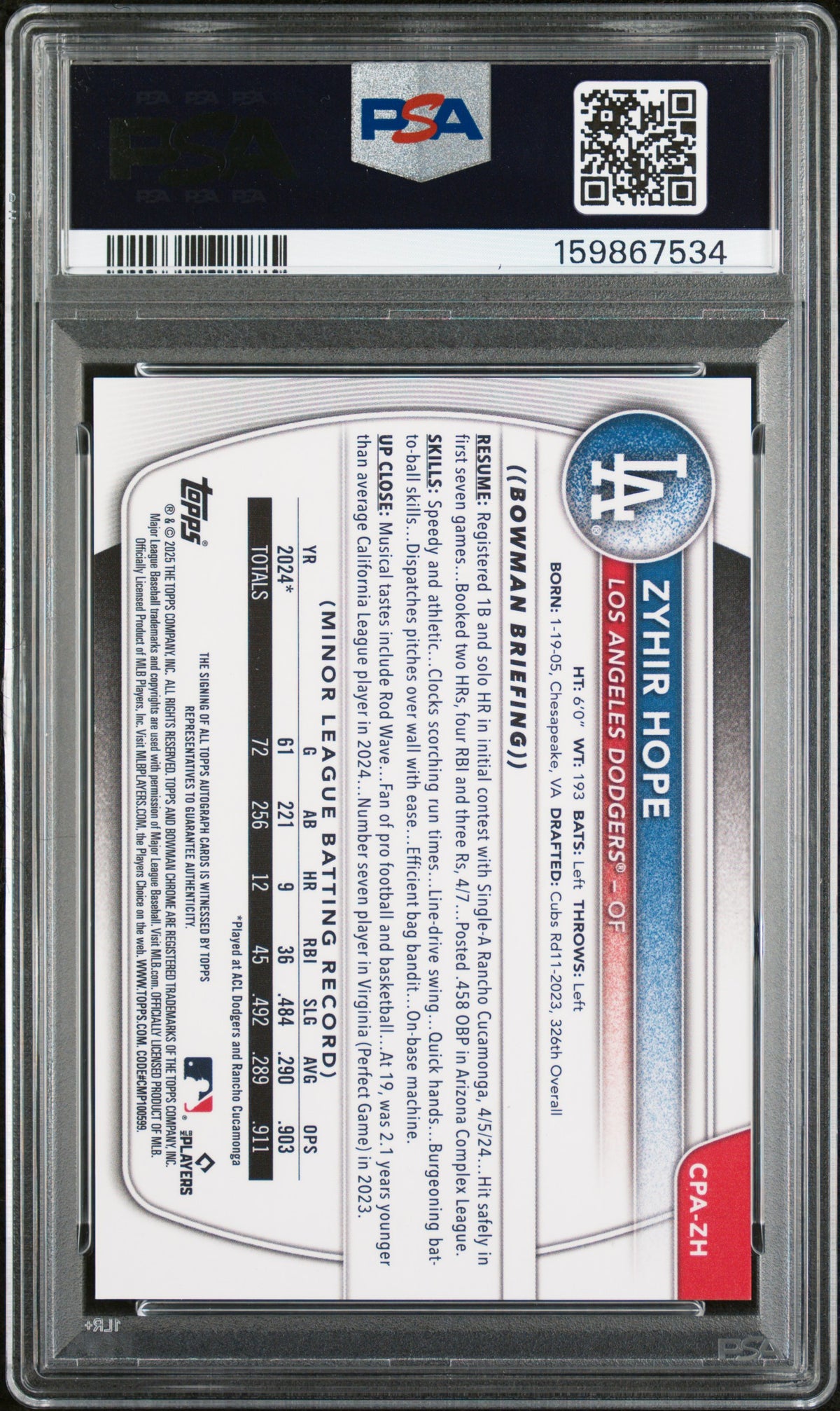 2025 Bowman Chrome Prospect Autographs Zyhir Hope Purple Ref PSA 10