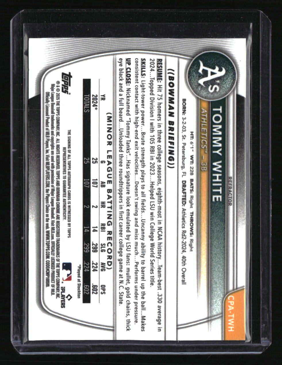 2025 Bowman Chrome Tommy White Prospect Autographs Refractor #/499