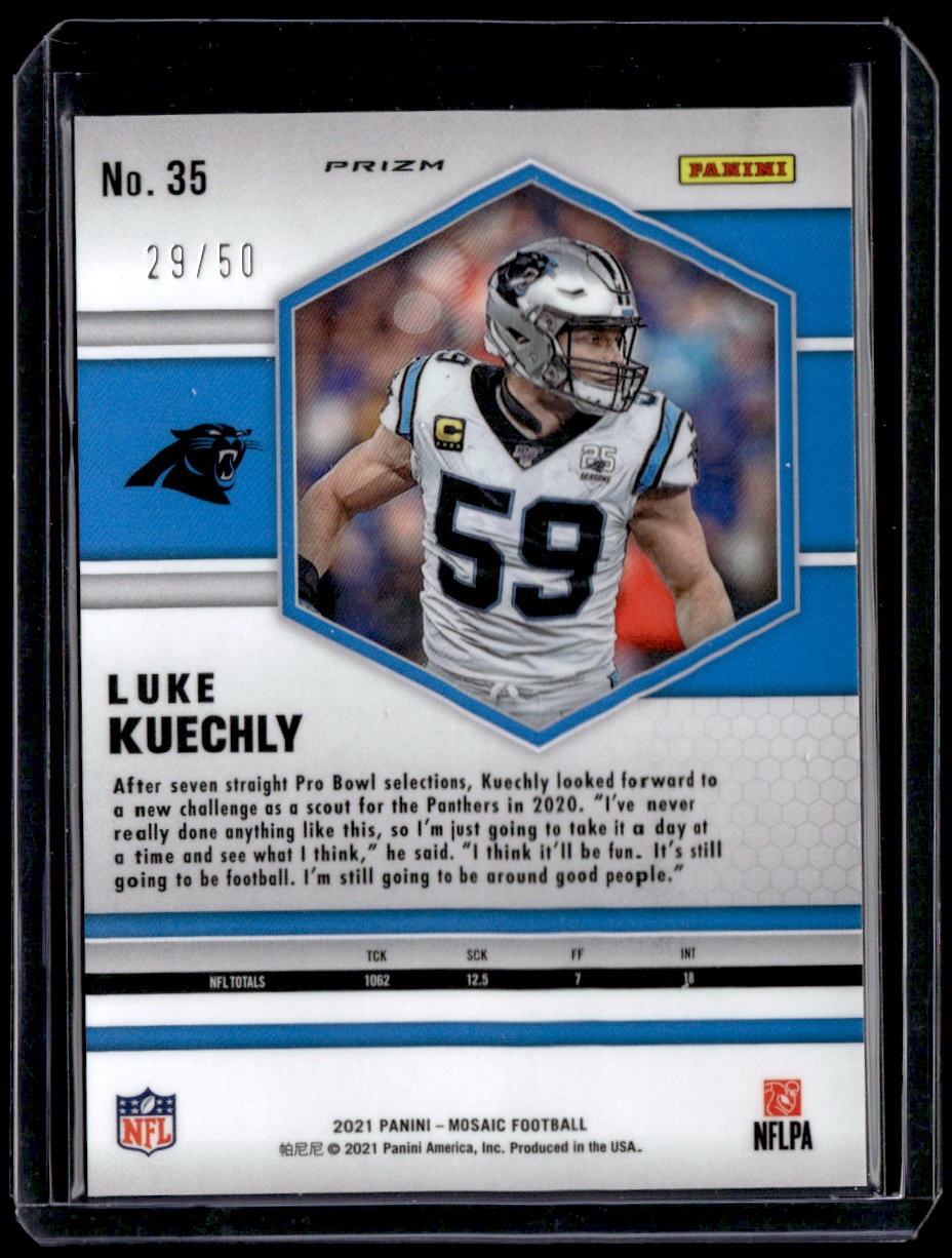 2021 Panini Mosaic Luke Kuechly No Huddle Prizm Purple #/50