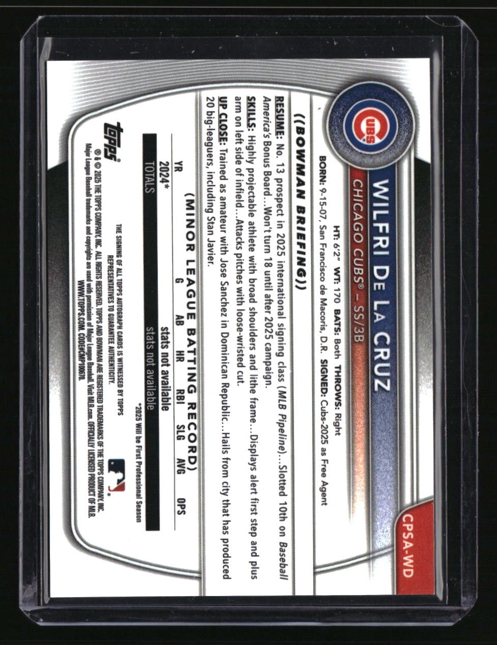 2025 Bowman Chrome Sapphire Edition Wilfri De La Cruz Prospect Auto #/199
