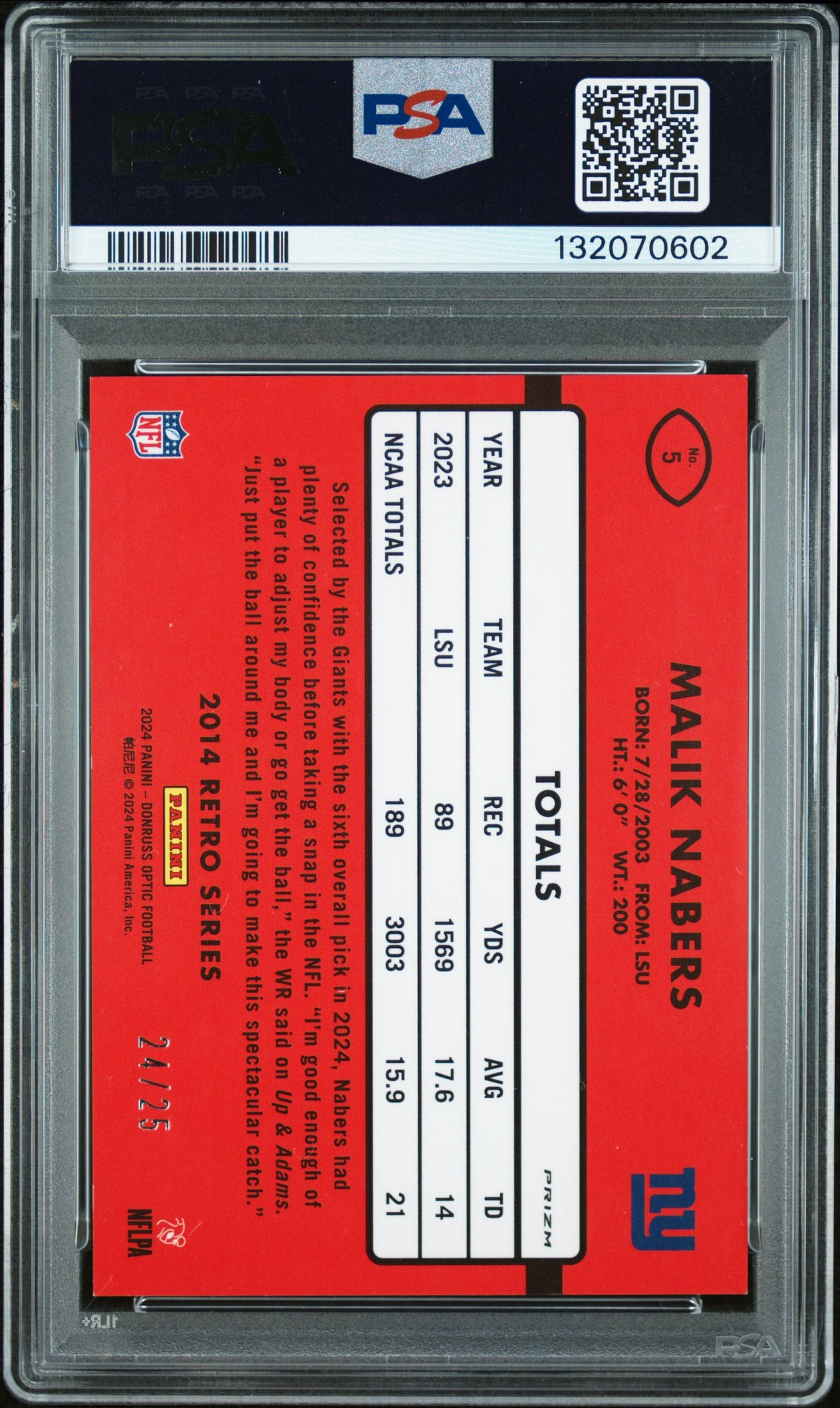 2024 Panini Donruss Optic 2014 Retro Series Malik Nabers Black Pandora PSA 10